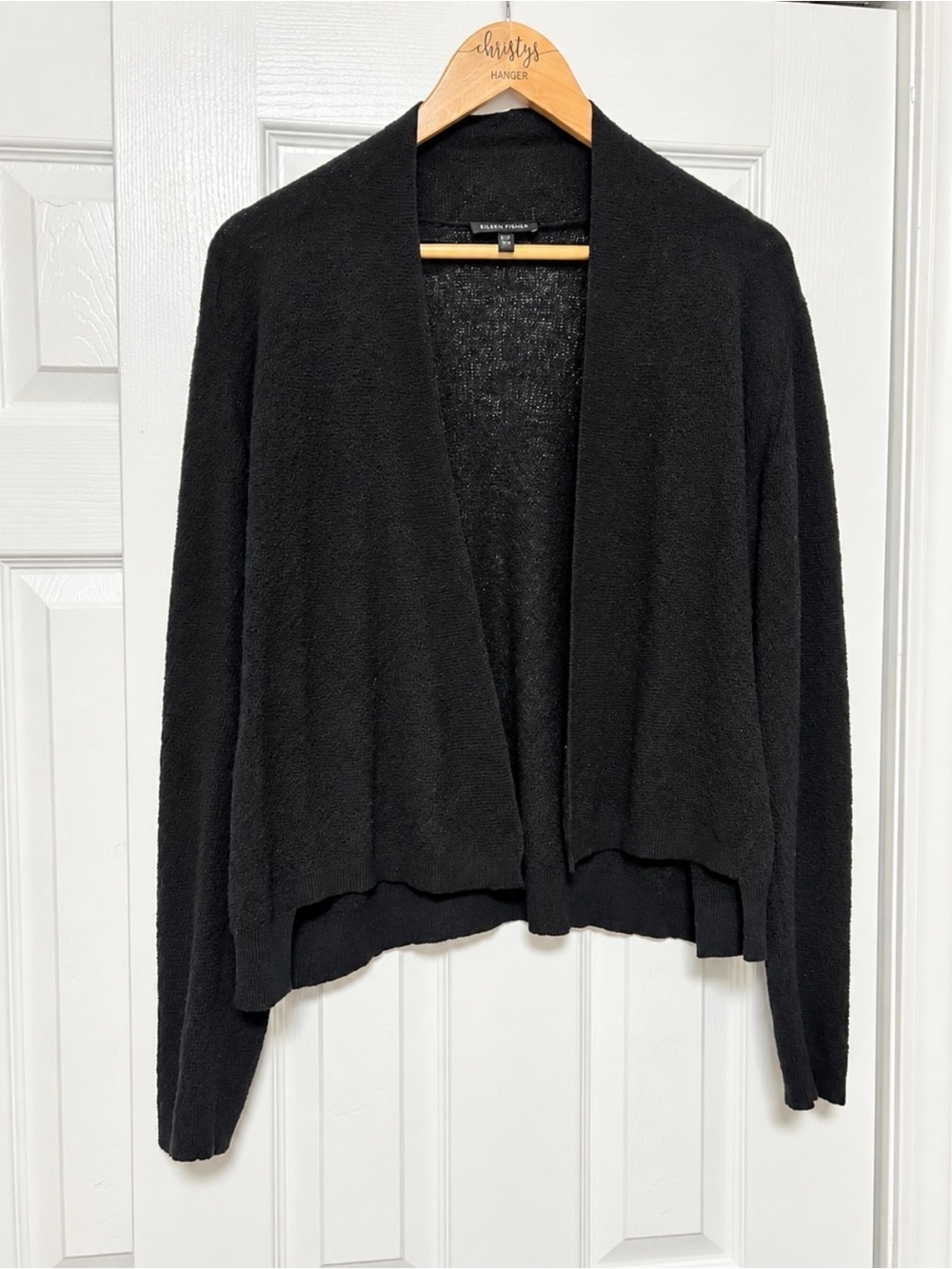 Eileen Fisher Black 100% Wool Open Front Cardigan Sweater Size M